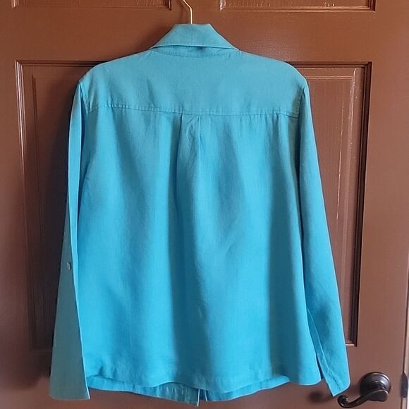 Additions by Chico's-Linen turq. colored collared long sleeved jkt. Size 2=Large - Picture 7 of 11